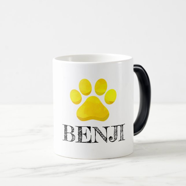 Mug Magic Empreinte de patte Jaune NOM DE L'ANIMAL Moderne Q (Devant droit)