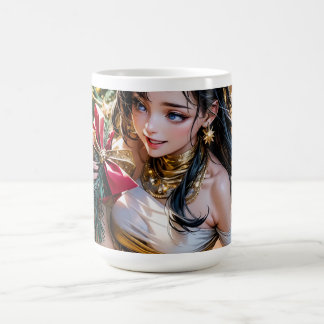 Mug Magic femme en robe d'or tenant une rose rouge devant
