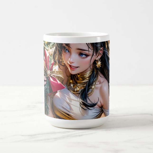 Mug Magic femme en robe d'or tenant une rose rouge devant (Centre)