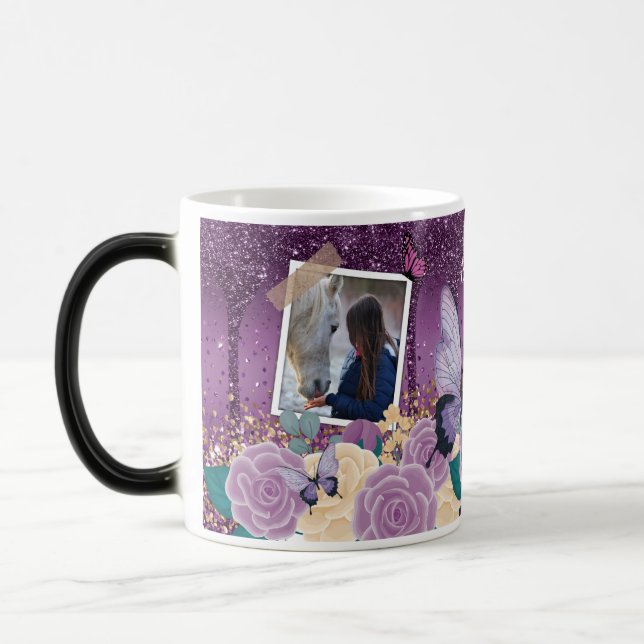 Mug Magic Fille Violet Floral Faux Sparkly Deux Nom Photo (Gauche)