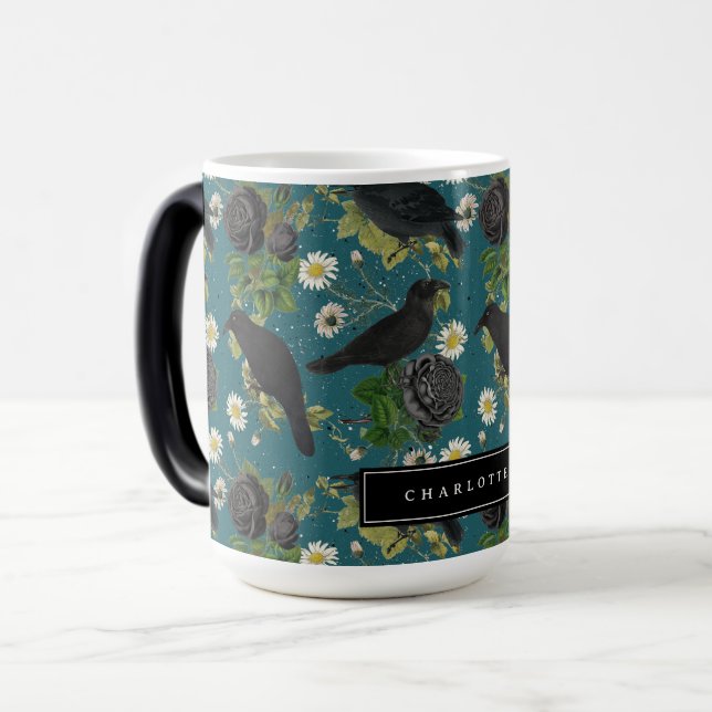 Mug Magic Goth Crows et Roses noirs Profond Turquoise Motif (Devant gauche)