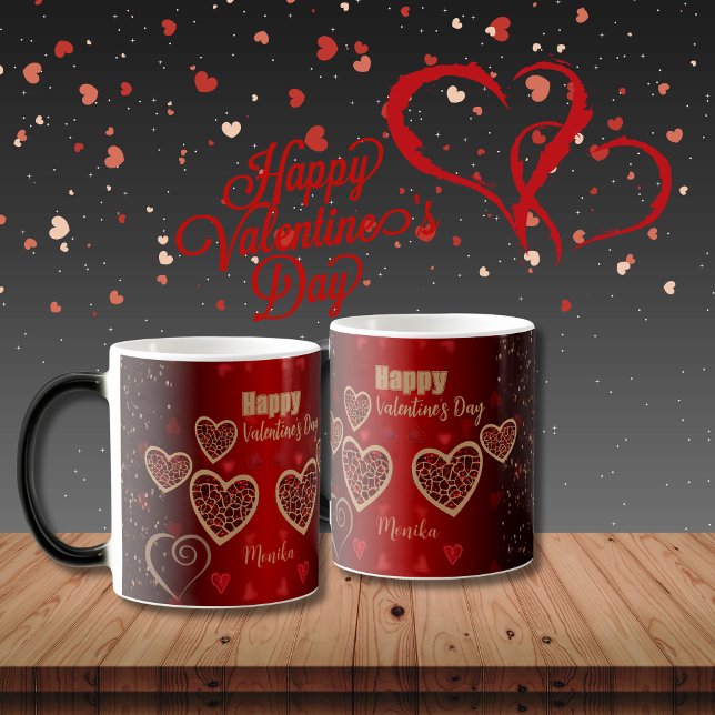 Mug Magic Gradient Red Gold Hearts Valentine (Gradient Red Gold Hearts Valentine Magic Mug)