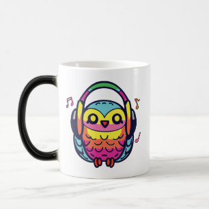 Mug Magic Happy Owl avec écouteurs écoutant de la musique.