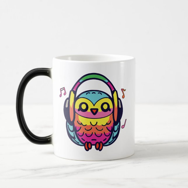 Mug Magic Happy Owl avec écouteurs écoutant de la musique. (Gauche)