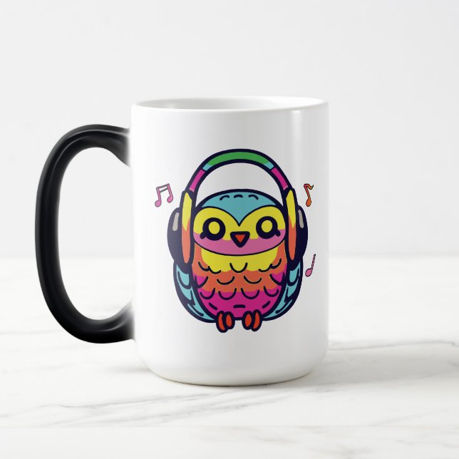Mug Magic Happy Owl avec écouteurs écoutant de la musique. (Gauche)