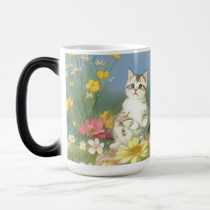 Mug Magic Illustration de Kitten vintage avec Fleurs Jaunes