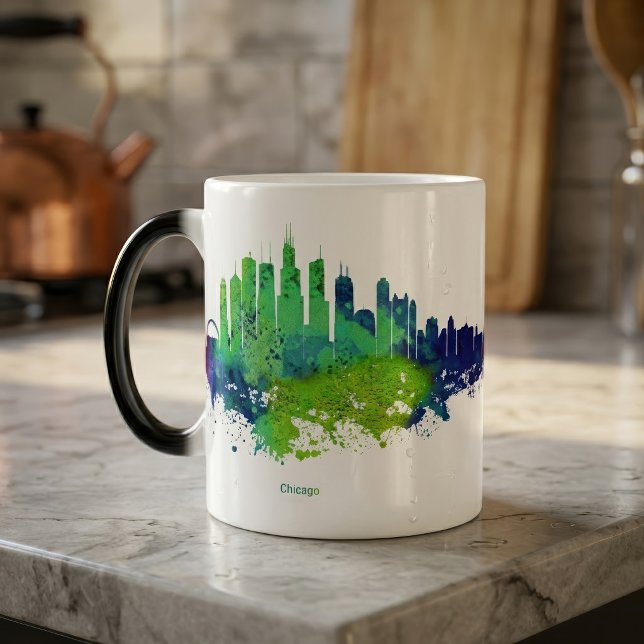 Mug Magic Impressions d'art à l'aquarelle de la skyline de C (Chicago Skyline Watercolor Blue & Lime Art Prints. Color Morph Mug )