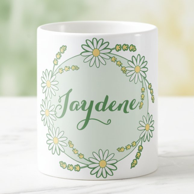 Mug Magic Jaune Vert Pastel Fleur de Daisy Personnalisée (Daisies in green and yellow with place to customize the name. Hand drawn for your pleasure.)