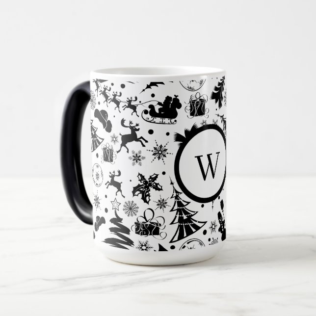 Mug Magic Joyeux Noël élégant en noir et blanc Monogramme (Devant gauche)