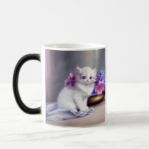 Mug Magic Kitten blanc vintage aux fleurs roses et violettes