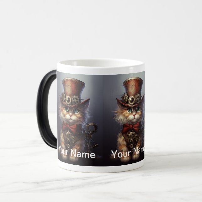 Mug Magic Kitten Steampunk avec arc rouge et chapeau supérie (Devant gauche)