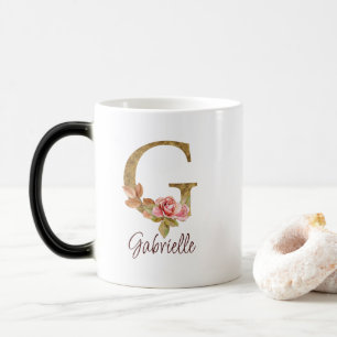 Mug Magic Lettre de nom personnalisée G Rose poudré et feuil