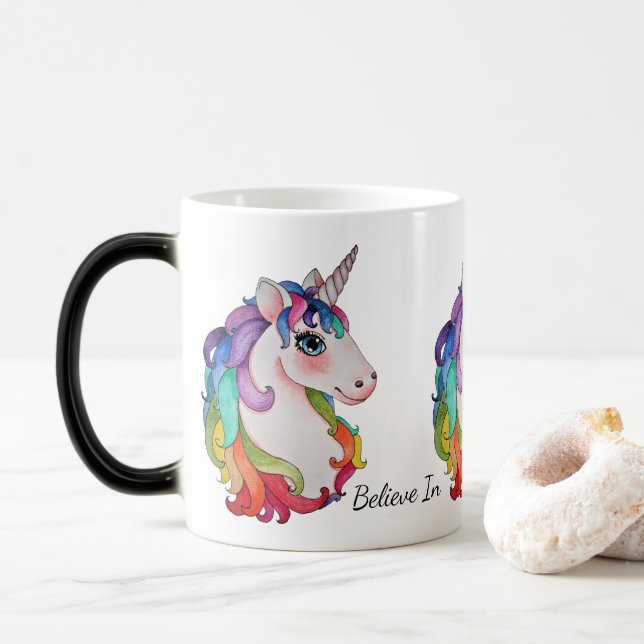 Mug Magic Licorne d'aquarelle avec des cheveux d'arc-en-ciel (Avec donut)