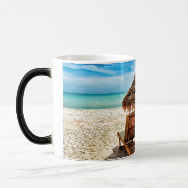 Mug Magic Lounge on beach throw pillow (Gauche)