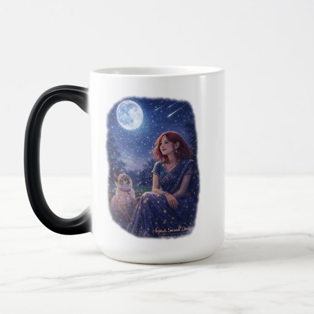 Mug Magic Magische Dream Cat - Mädchen mit Katze unter Mond (Gauche)
