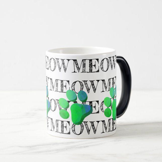 Mug Magic MEOW Typographie Vert Bleu Chat Empreinte de patte (Devant droit)