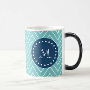 Mug Magic Navy Blue, Turquoise Motif Chevron   Votre monogra