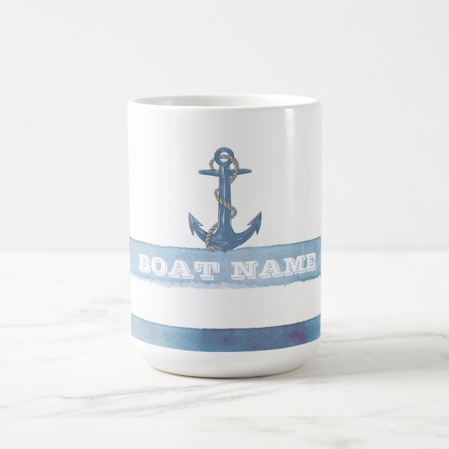 Mug Magic Nom de bateau nautique,Ancre,Corde,Rayes bleu clai (Centre)
