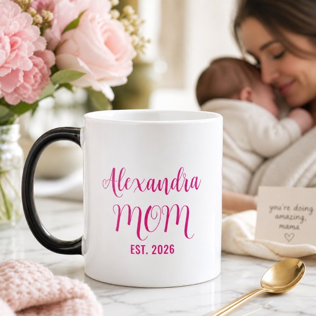 Mug Magic Nom de maman personnalisé Établie Écriture rose  (Créateur téléchargé)