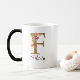 Mug Magic Nom personnalisé Lettre F Rose Pâle Feuille d'Or R