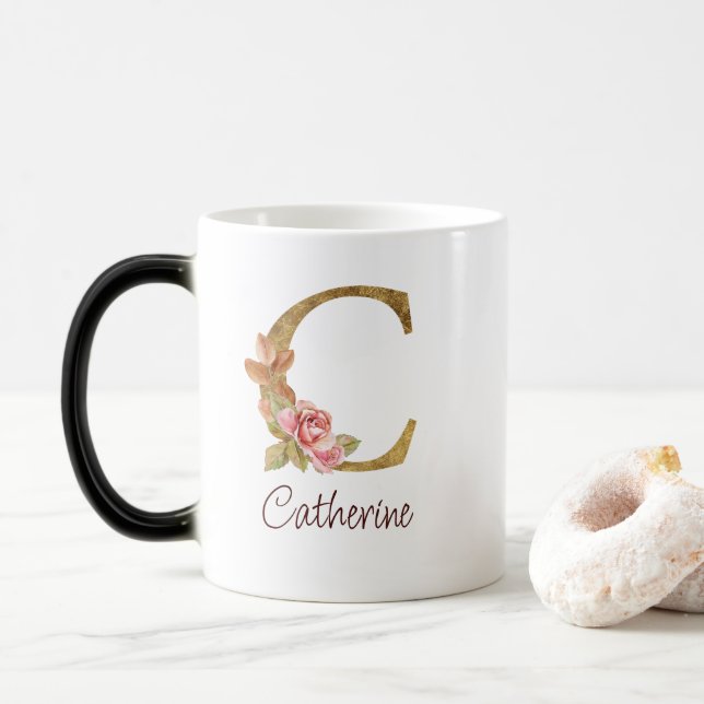 Mug Magic Nom personnalisé Or Feuille Rose Rose Clair Lettre (Avec donut)