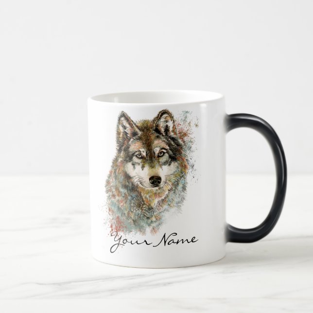 Mug Magic Nom personnalisé ou texte Loup aquarelle animal (Droite)