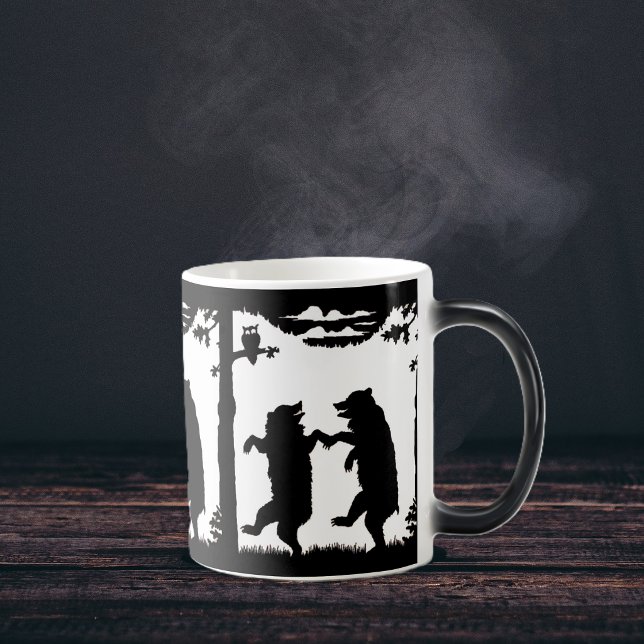 Mug Magic Ours dansants silhouette noire (fun dancing black bears under trees with owl watching on black and white coffee or tea mug.)