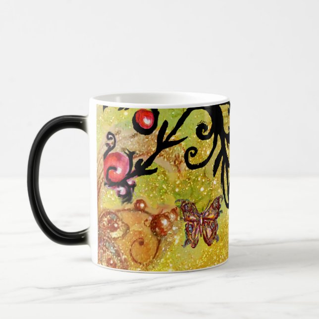 MUG MAGIC PAPILLON JAUNE ÉTINCELLES, MONOGRAMME FLORAL NOIR, (Gauche)
