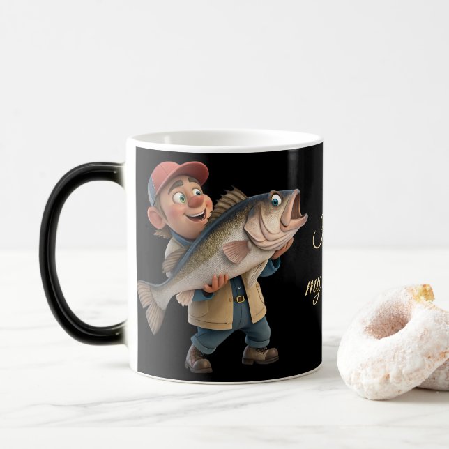 Mug Magic Pêcheur gentil/heureux avec un gros poisson (Avec donut)