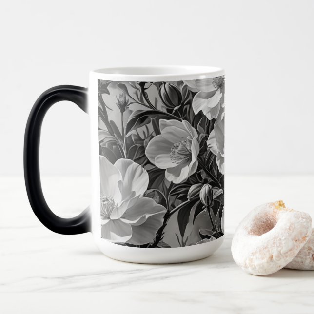 Mug Magic Peinture à l'huile de fleurs en niveaux de gris (Avec donut)