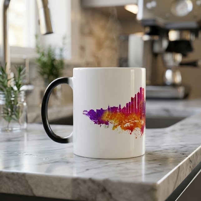 Mug Magic Peinture aquarelle de la skyline de Chicago sur fo (Chicago Skyline Watercolor Art on White Background. Color Morph Mug)