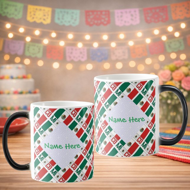 Mug Magic Personalized Mexico Flag Tiled (Personalized morph mug with tiled Mexican flag, MEXICO below. White fractals hold name on two sides.)