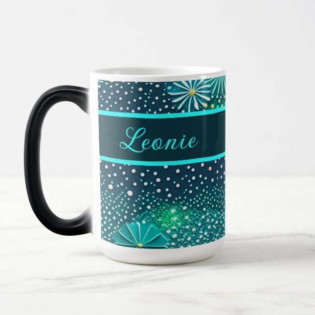 Mug Magic points turquoise bleu et motifs de fleurs (Gauche)