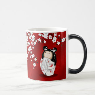 Mug Magic Poupée Kokeshi Rouge Noir Blanc Cerisier Fleurs