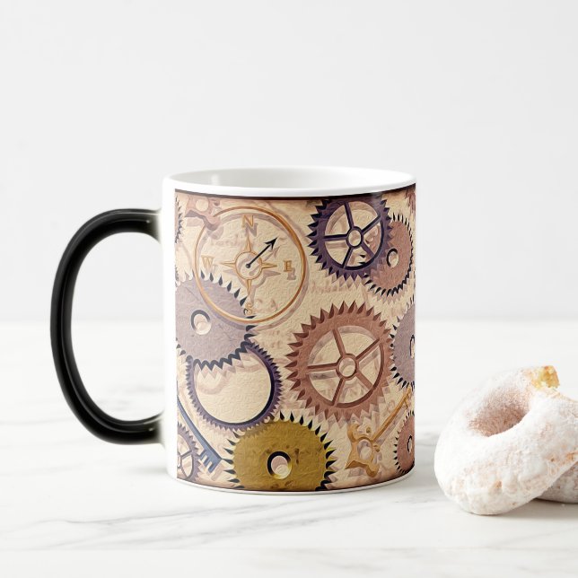 Mug Magic Roues à vapeur, engrenages, clés, vieille carte Pe (Avec donut)