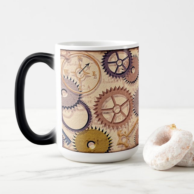 Mug Magic Roues à vapeur, engrenages, clés, vieille carte Pe (Avec donut)