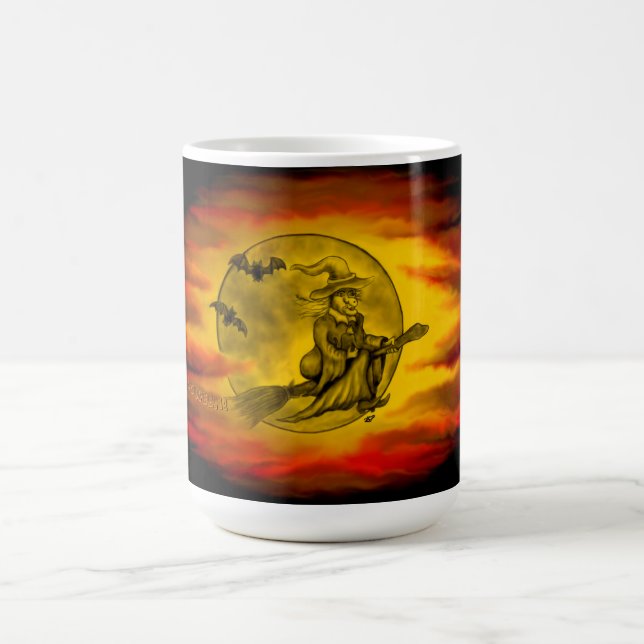 Mug Magic Sorcière volante avec chat noir, nuit halloween (Centre)