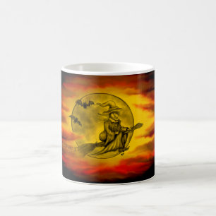 Mug Magic Sorcière volante avec chat noir, nuit halloween