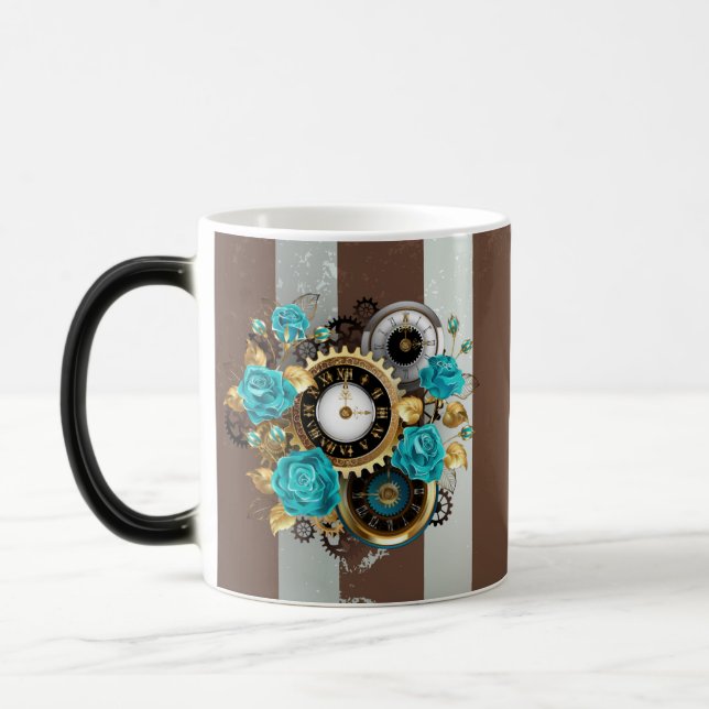 Mug Magic Steampunk Clock and Turquoise Roses on Striped (Gauche)