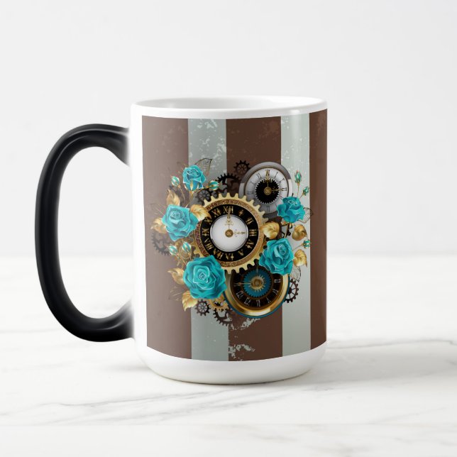 Mug Magic Steampunk Clock and Turquoise Roses on Striped (Gauche)