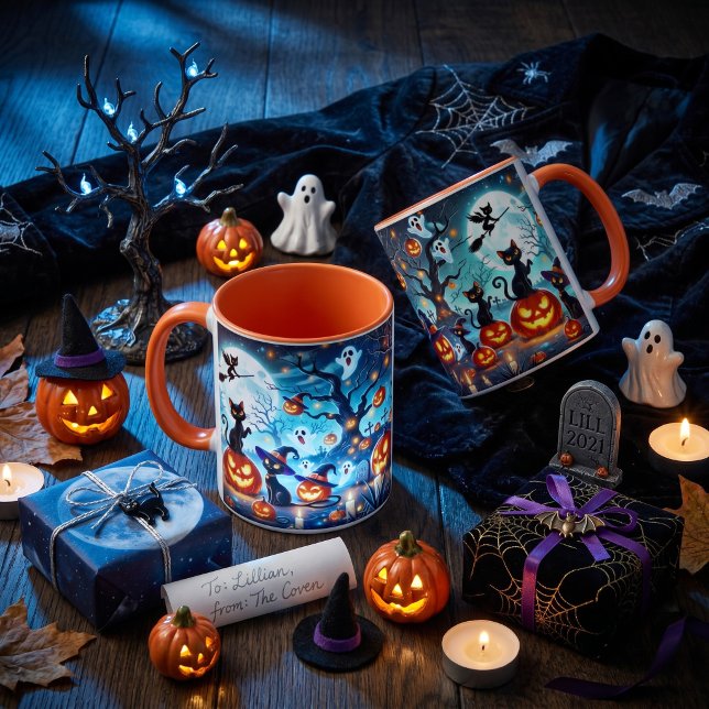 Mug Magie de minuit : chats noirs et citrouilles Hallo (Créateur téléchargé)
