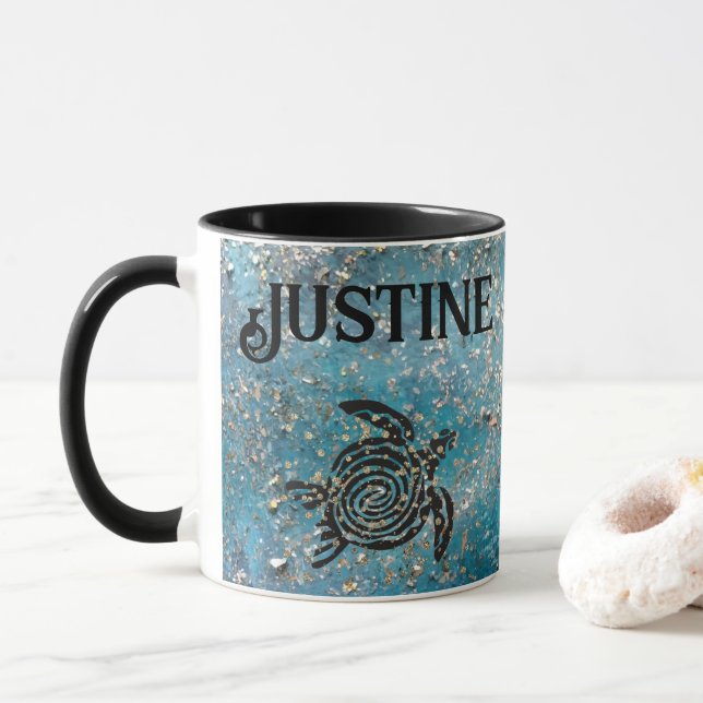 Mug Magique Tortue de mer Glittery bleu Personnalisé (Avec donut)