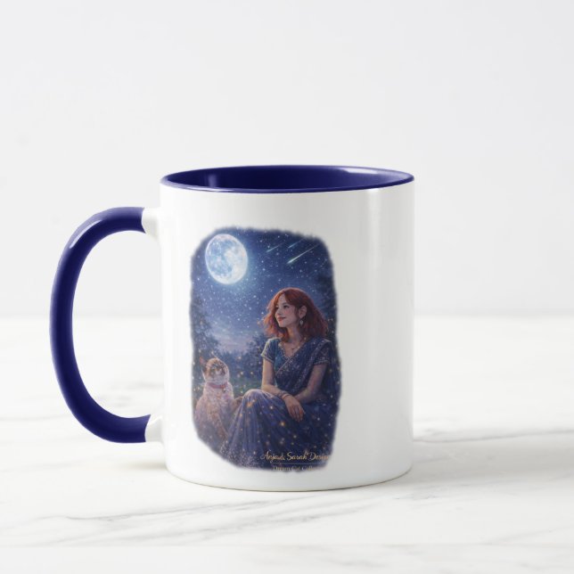 Mug Magische Dream Cat - Mädchen mit Katze unterm Mond (Gauche)