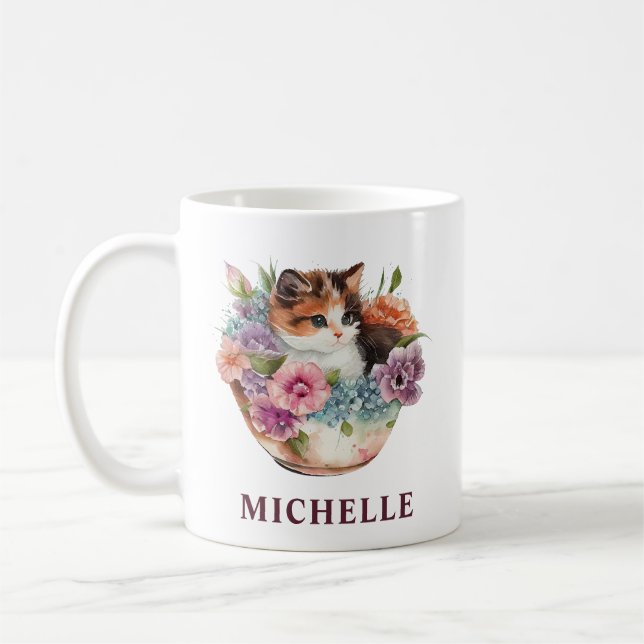Mug Magnifique chat calico et fleurs à l'aquarelle (Gauche)