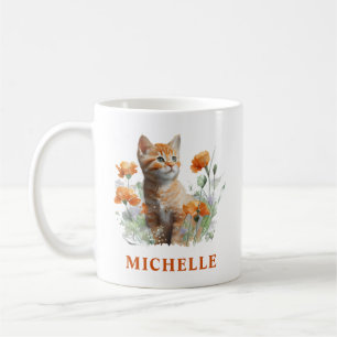 Mug Magnifique chaton roux et fleurs à l'aquarelle