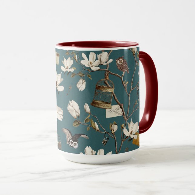 Mug Magnolia Grove with Owls in Teal Blue (Devant droit)