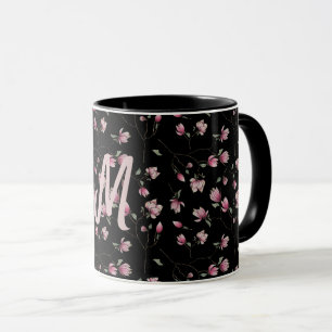 Mug Magnolias rose&blanc sur noir personnalisé initial