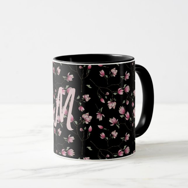Mug Magnolias rose&blanc sur noir personnalisé initial (Devant droit)
