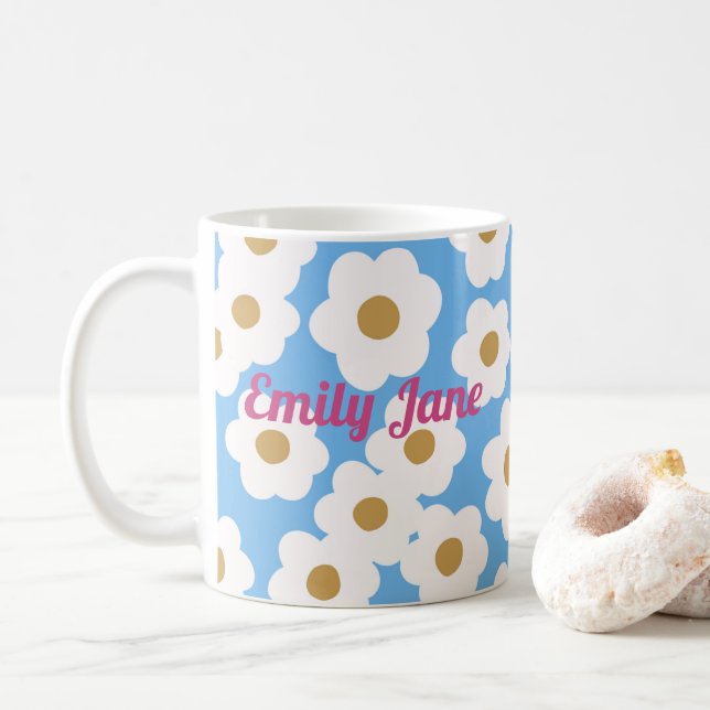 Mug Main dessinée marguerite moderne Bleu Blanc (Avec donut)