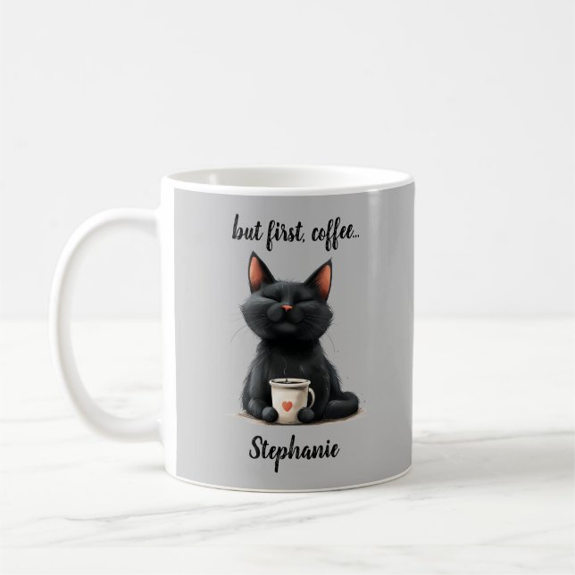 Mug Mais d'abord Drôle Chat Noir (Gauche)